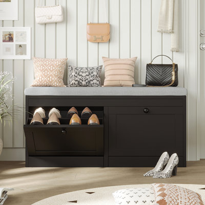 8 Pairs shoe storage bench with soft cushion and adjustable shelves, 2 Door shoe bench for Entryway