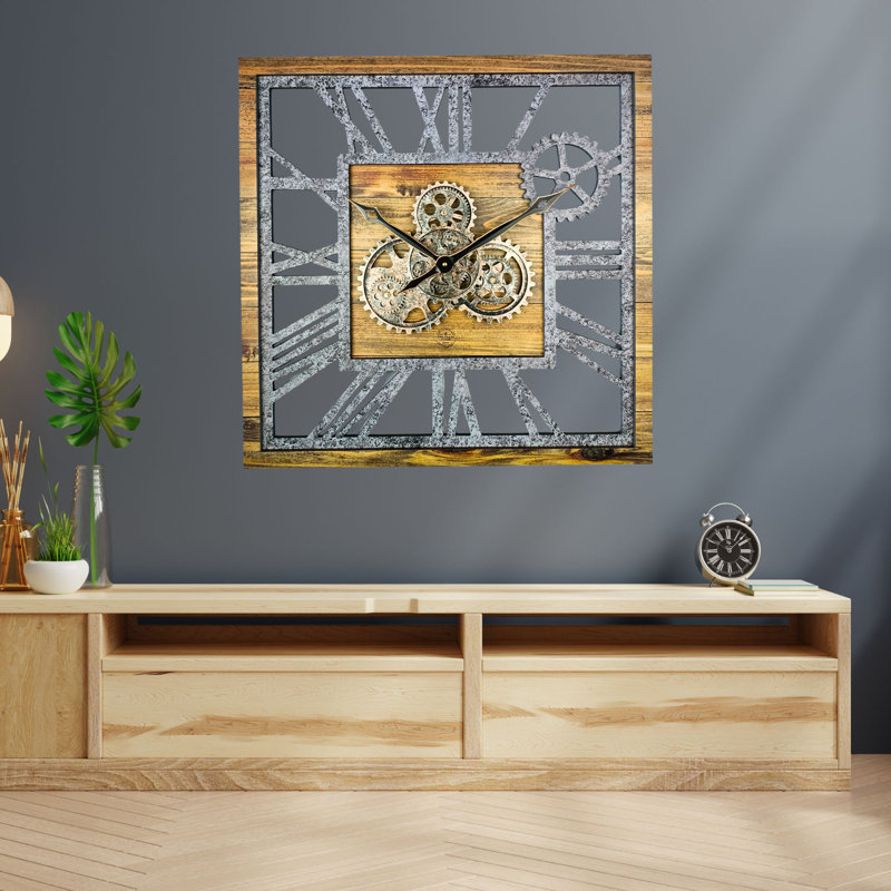 Oversized Square Wood and Stone Gear Wall Clock