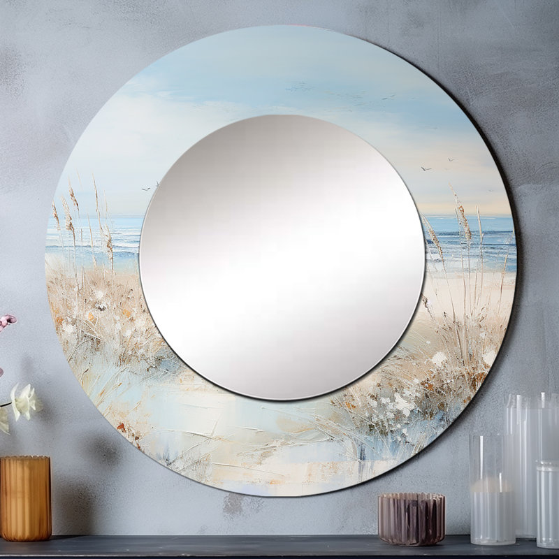 Roslind Coastal Ocean Charm In Winter - Ocean Decorative Wall Mirror, Beige Large Round Mirror, Printed Metal Art, 23" x 23"