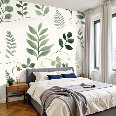 Peel and Stick Wallpaper 96" W x 69" H Modern Self Adhesive Wall Mural for Bedroom Green Botanical Leaf Gold Line Accents White Watercolor Style