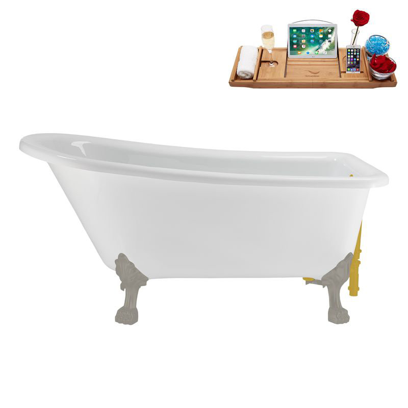 58" Streamlin Clawfoot Tub,Tray,Drain, Clawfeet, Brushed Gun Metal, Brushed Gold