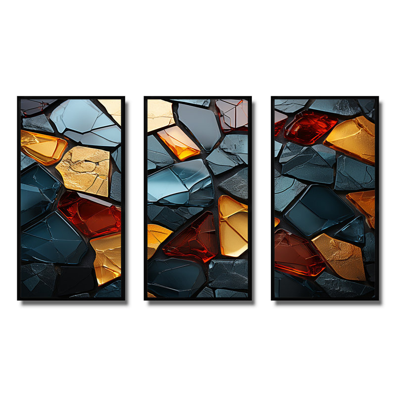 Carreaux de mosaïque dorés et bleus I - décoration murale en marbre, Cadre flottant noir, H 28 po x l 36 po x P 1 po