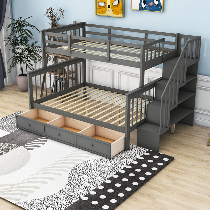 Gerimiah Kids Twin Over Full Bunk Bed with Drawers, Gray