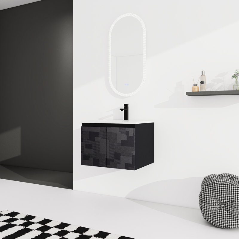 Meuble-lavabo de salle de bain. 24 po. Céramique. Porte à fermeture en douceur. Évier en céramique flottante moderne en contreplaqué noir. Noir Contreplaqué mural. Envoûtant