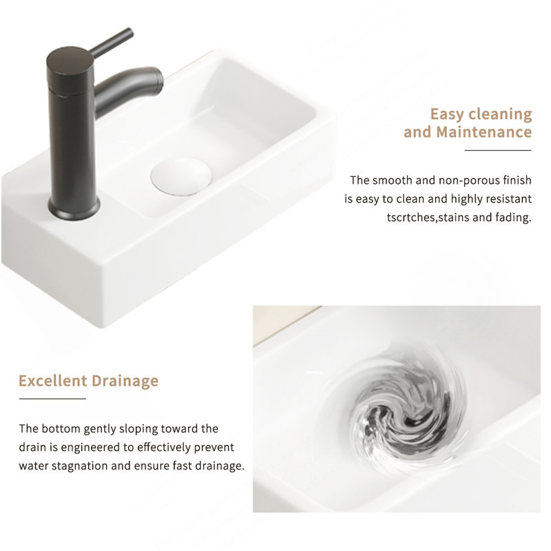 Wall Hung Basin Sink Small Cloakroom Basin Rectangle Ceramic Wash Basin Left Hand Without Tap & Drain