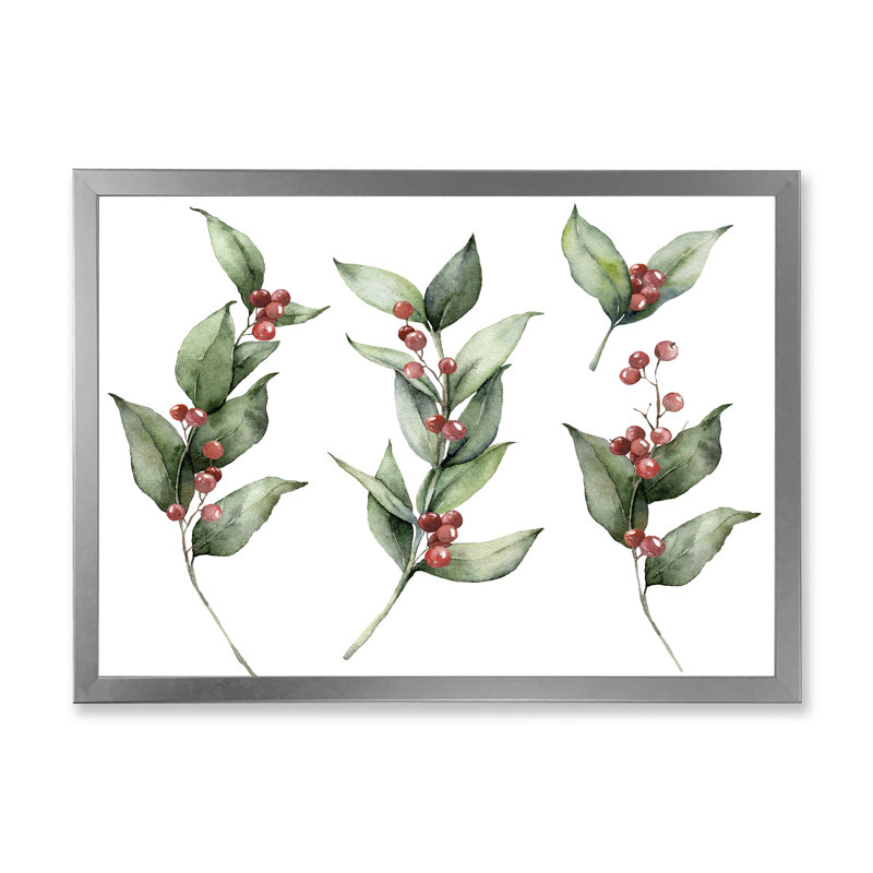 Ensemble de Noël avec branches et Berrie rouge - Peinture sur toile, H 16 po x l 32 po x p 1 po, Cadre photo argenté