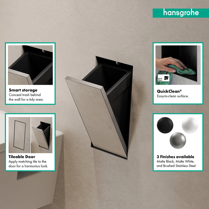 hansgrohe XtraStoris Rock Recessed Trash Bin with Shelf & Tileable Door, Brushed Stainless Steel