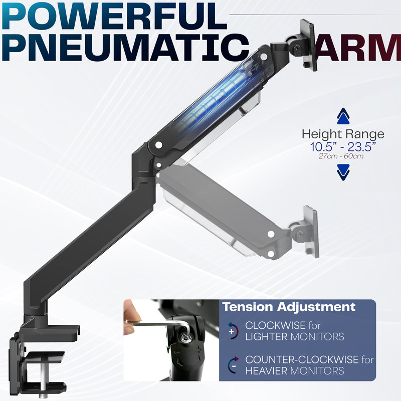 Black Aluminum Full-Motion Single Monitor Desk Mount with Riser