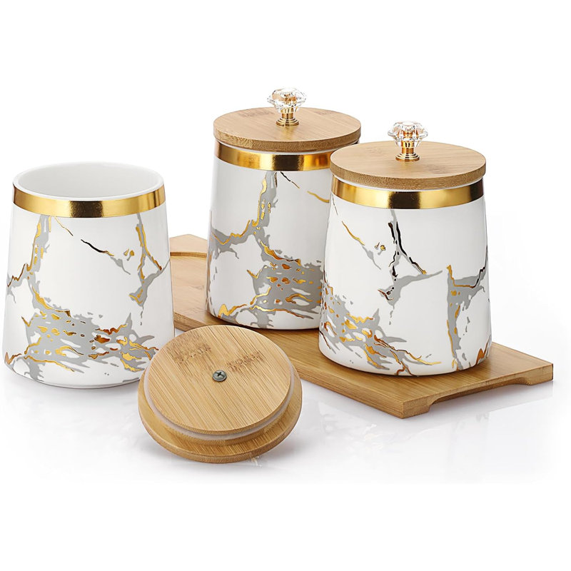 Set Of 3 Canisters Set For Sugar Coffee Tea With Airtight Lid, Ceramic Storage Containers Sets White Storage Pots With Tray Storage Jar Decorative Canisters Sets For For Kitchen Counter