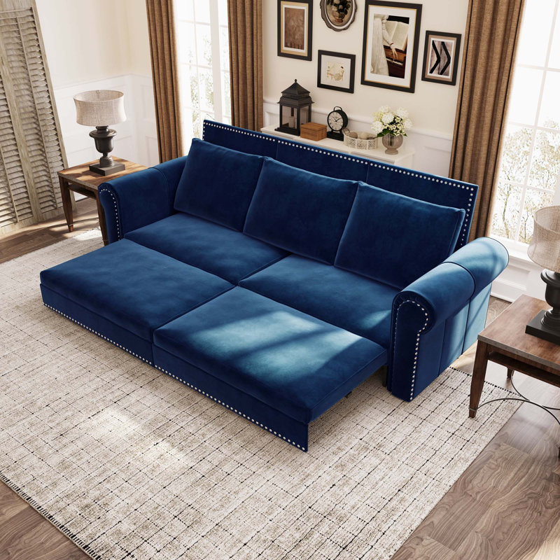 Chesterfield Sofa,93.7" King Pull Out Sofa Bed, 3-In-1 Velvet Convertible Sleeper Sofa With Nailhead Trim & Rolled Arm,Multi-Functional Sofa Bed For Living Room,Bedroom,Apartment,Office