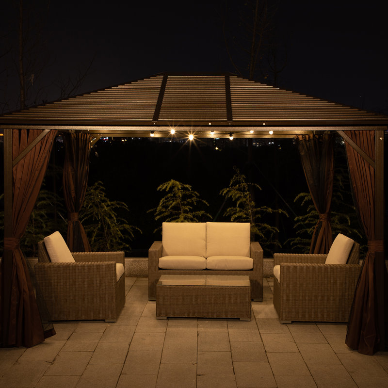 Outsunny 12' x 10' Brown Aluminum Hardtop Gazebo with Curtains