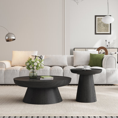 Set Of 2 Round Black Wooden Coffee Tables, Solid Wood Base Nesting Coffee Table Set For Living Room