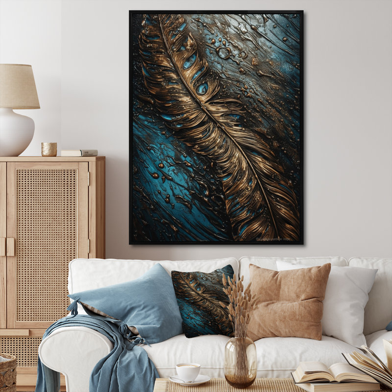 «Landershire Gold Feather Glamour III», reproduction sur toile, H 32 po x l 24 po x P 1 po, Cadre flottant noir