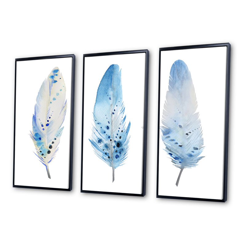 Blue Boho Feathers II - 3 pièces, reproduction sur toile, Cadre noir, H 20 po x l 36 po x P 1 po