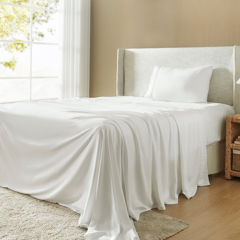 Draps et taies d'oreiller en polyester, Ensemble de draps pour lit simple avec 1 taie d'or, Blanc