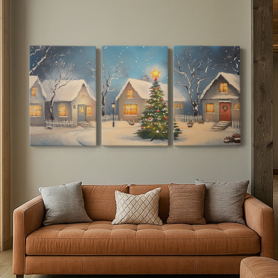 «Snowy Christmas Village» avec ensemble d'arbres décoratifs à l'aquarelle sur toile 3 pièces - Triptyque des Fêtes de Noël, 24 x 36 chaque panneau
