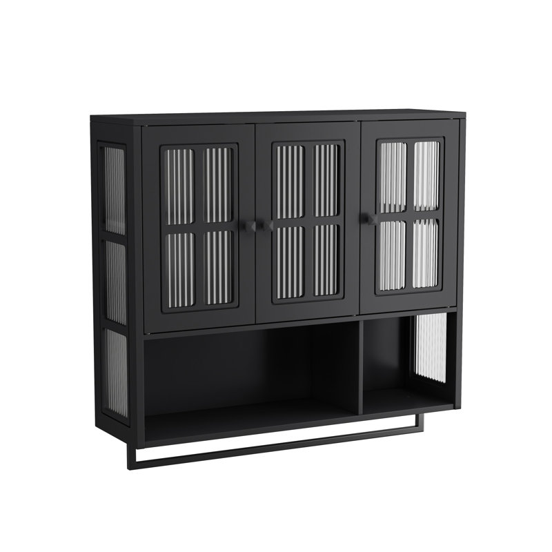 Armoire de salle de bain murale, unité de rangement en bois à 3 portes avec tablettes ouvertes et cachées pour l'espace organisé