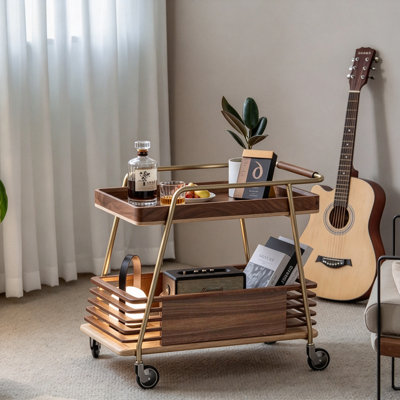 Chariot de service mobile double couche creux en bois de frêne blanc de style Wabi-Sabi, 26,77 pouces, avec cadre en métal et roues universelles silencieuses
