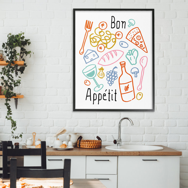 Bon appétit, croquis colorés, estampe numérique, design par Heather Dutton, H 30 po x l 24 po, Giclée encadrée noir minuit