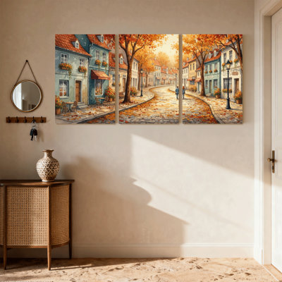 Scenic &Cityscapes Autumn Street Charm With Colorful Leaves Set of 3 Canvas Wall Art Prints