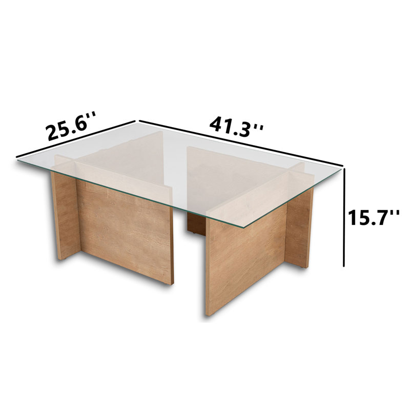 Table basse rectangulaire en verre trempé, Chêne miel, H 15,7 po x l 41,3 po x P 25,6 po