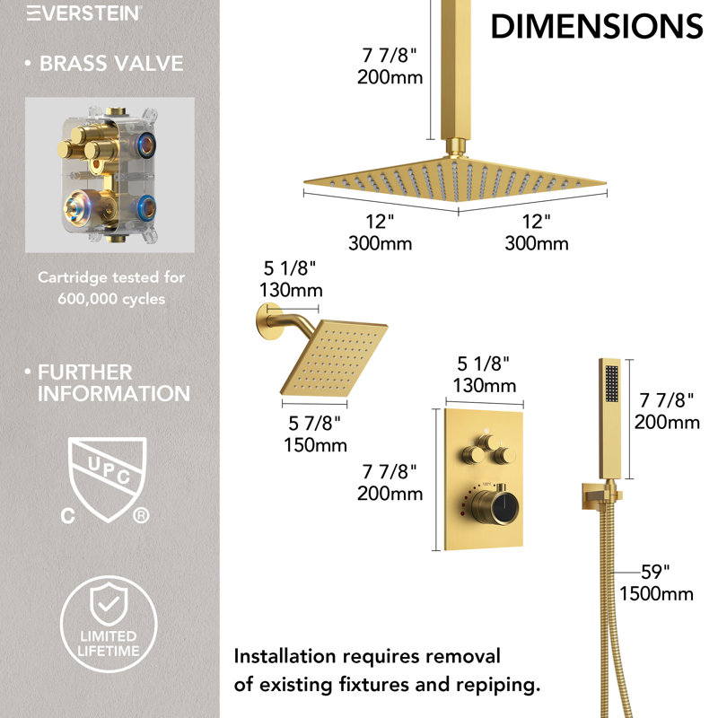 Thermostatic Dual Showerheads System, 12" High-Pressure Rainfall Shower Faucet with Handheld Shower, Brushed Gold