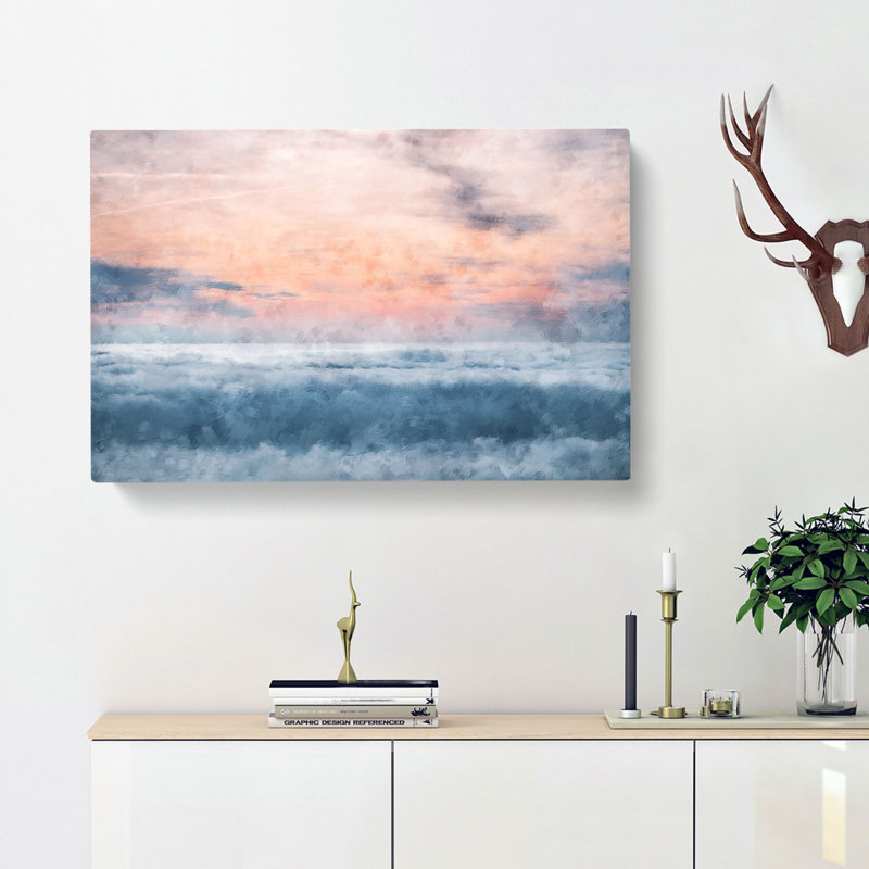 Sea & Clouds In Blue & Pink Painting - Wrapped Canvas, 60cm H x 91cm W x 3cm D