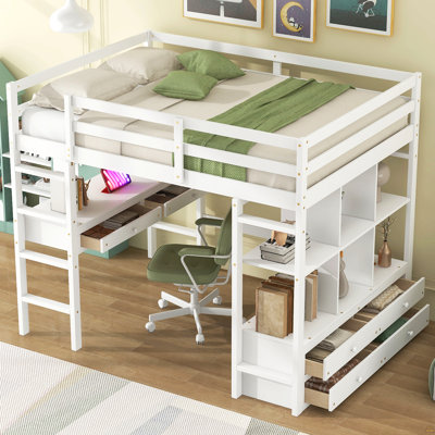 Lit mezzanine double avec bureau intégré avec deux tiroirs et tablettes et tiroirs de rangement