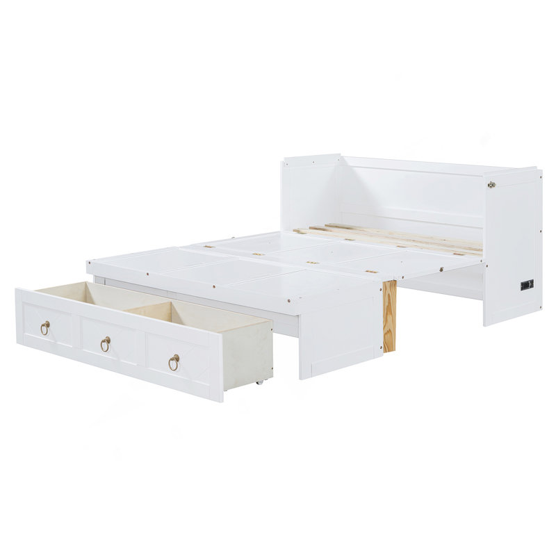 Lit escamotable double avec port USB et grand tiroir, blanc