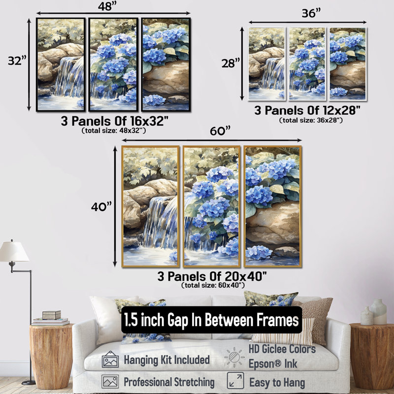 Hydrangées par la cascade III - art mural d'hortensias pour le salon - ensemble de 3, H 28 po x l 36 po, Brun