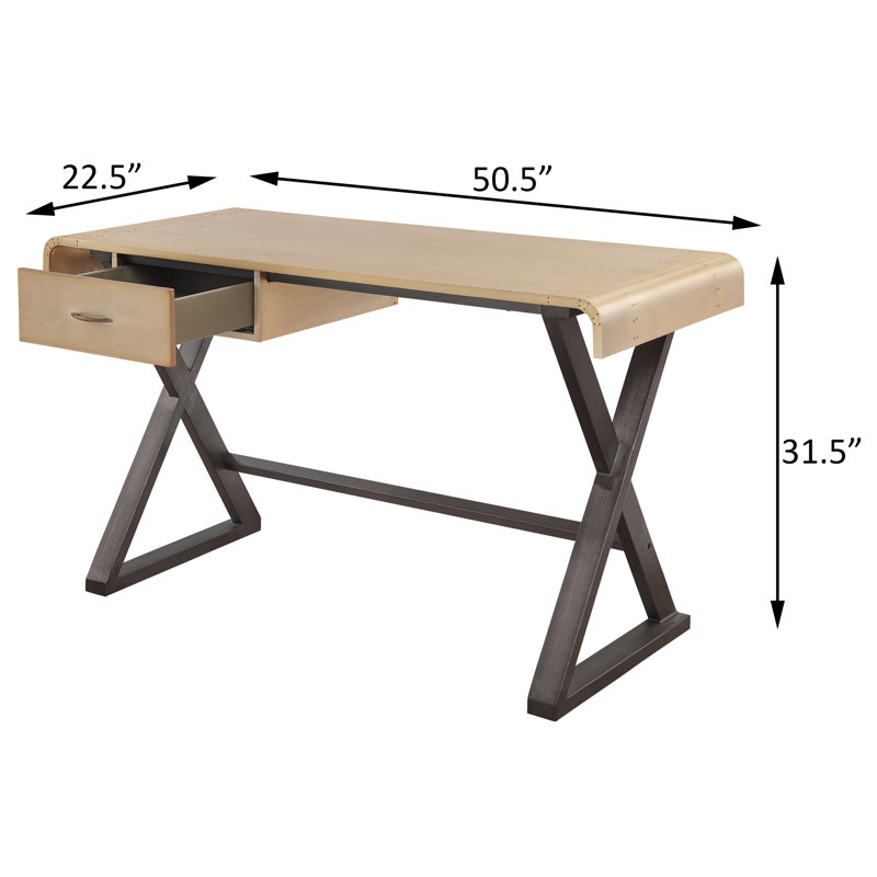 Bureau d'écriture gris avec finition en aluminium doré et base en X en métal | Idée de cadeau