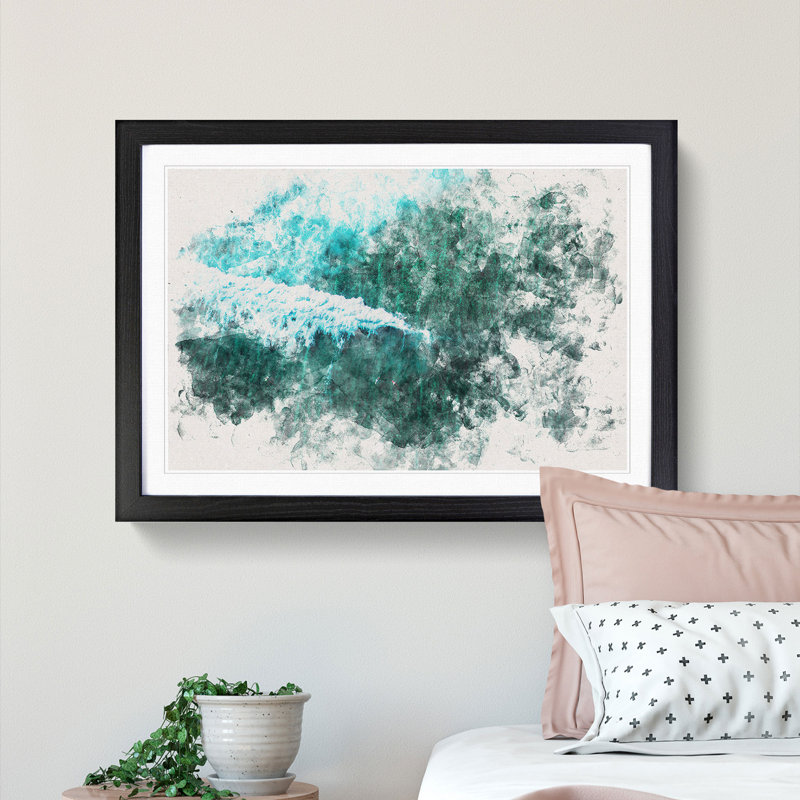 Surfers in the Ocean Watercolour - Picture Frame Graphic Art Print, Black Framed, 40cm H x 60cm W x 2cm D