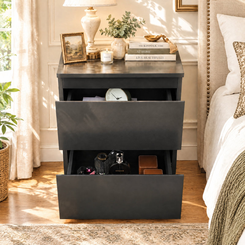Table de chevet basse de 15,7 po de largeur avec 2 tiroirs et glissières métalliques, Noir