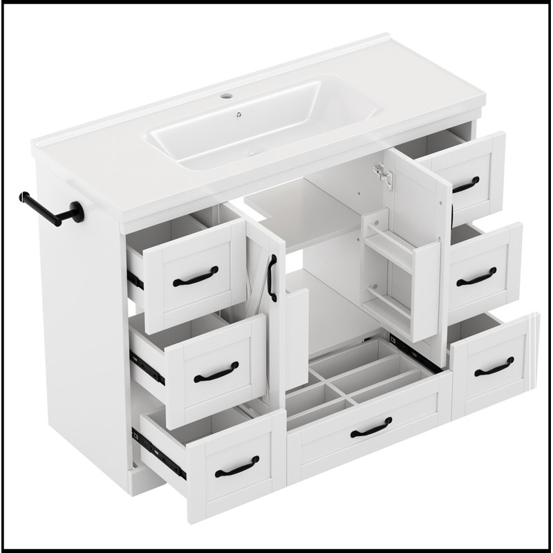 Meuble-lavabo de salle de bain avec lavabo, 7 tiroirs de rangement, tablette réglable et barre à serviettes latérale, Blanc