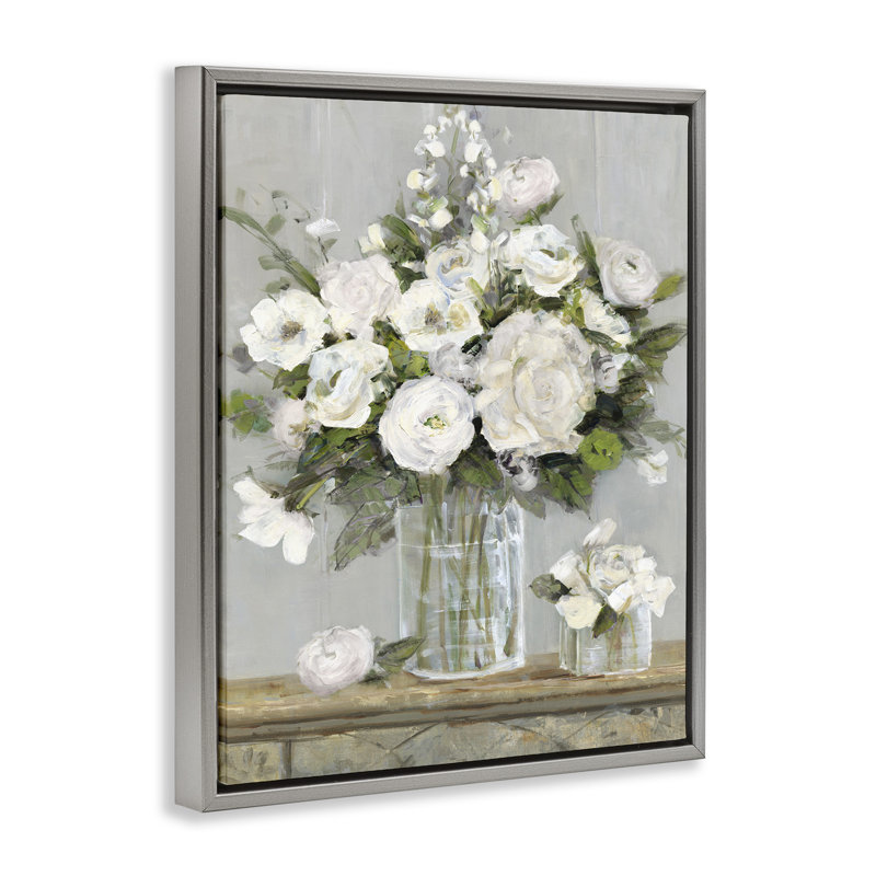 Fleurs blanches champêtre, H 25 po x l 31 po, Cadre flottant gris lustré