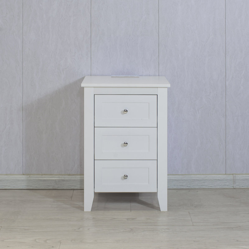 Table de chevet blanche moderne à 3 tiroirs avec station de charge USB et prises de courant