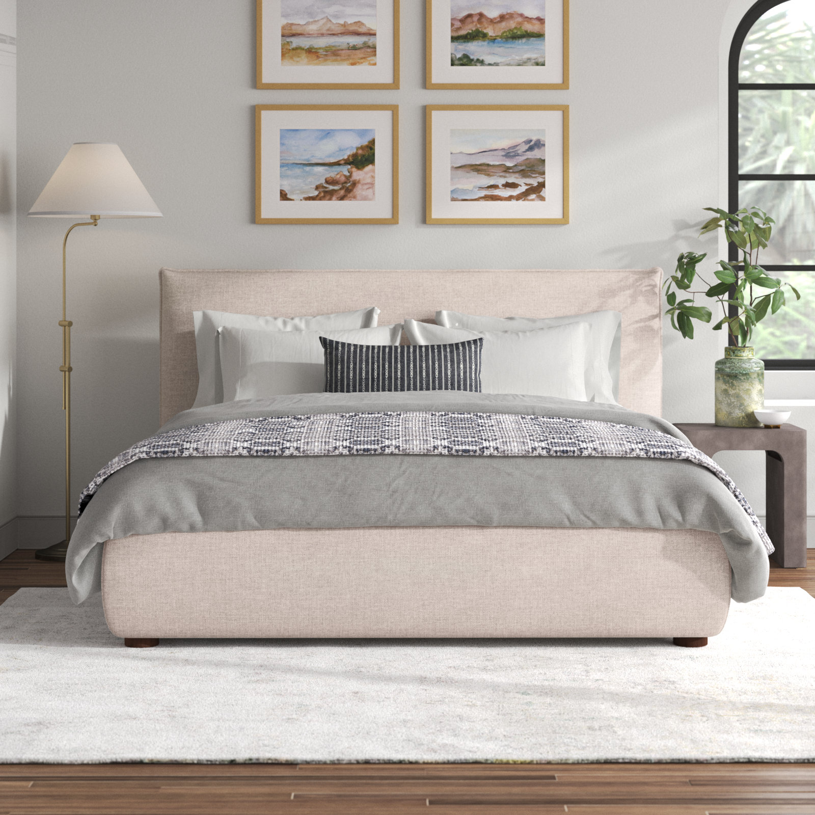 Timothy Upholstered Low Profile Platform Bed, King, Wheat Basketweave, 54