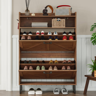 Armoire de rangement pour chaussures 20 paires avec 2 tiroirs rabattables, 2 tablettes réglables et crochets latéraux