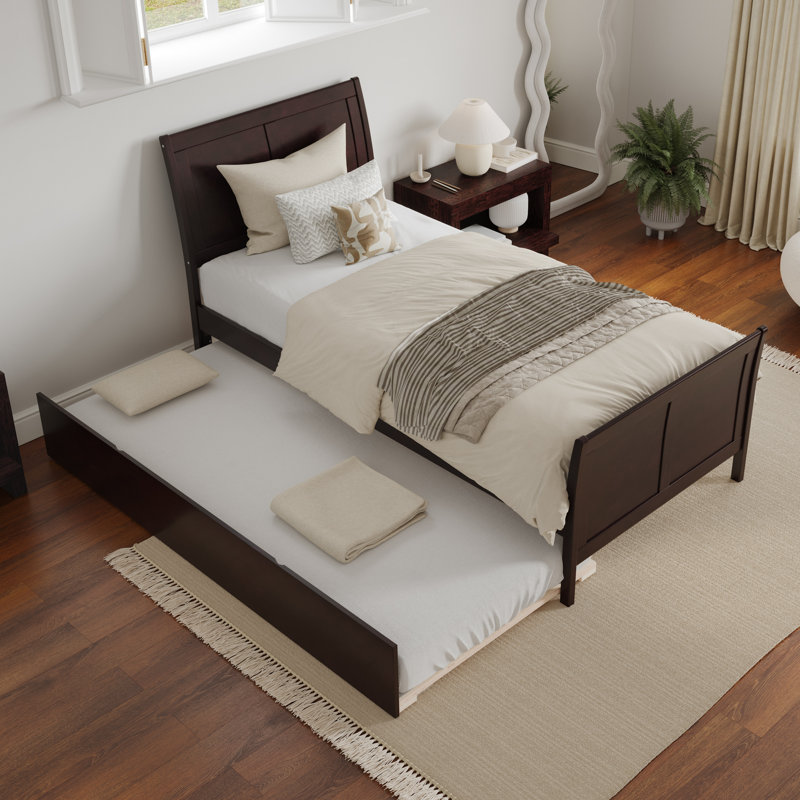 Lit plateforme en bois massif Fitzsimmons avec pied de lit et gigogne assortis, Simple TG, Espresso
