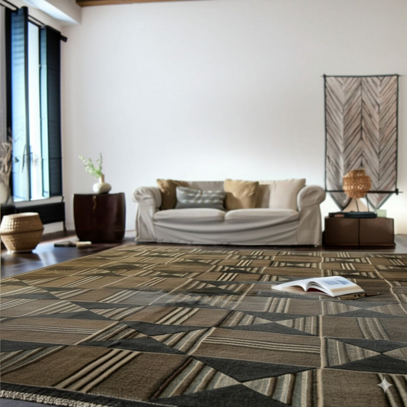 Brown Hand-Knotted Wool Framed Triangles Geometric Modern Contemporary Carpet Rug, 9' x 12'