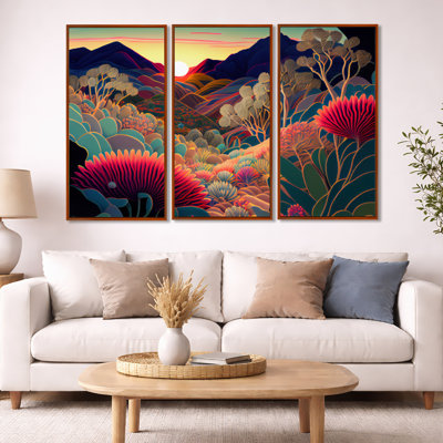 Colorful Flowers During Golden Hour I - Landscape Mountains Canvas Wall Art Set