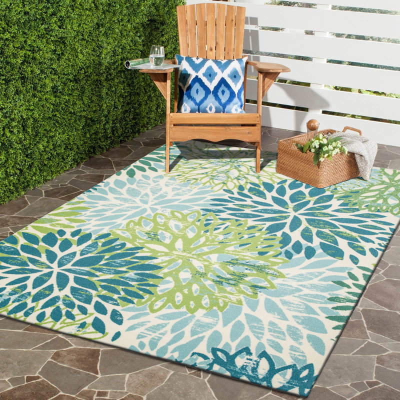Sunshine Modern Plant Design Performance Outdoor Rug Green/Blue/Ivory, Rectangle 5' x 7'