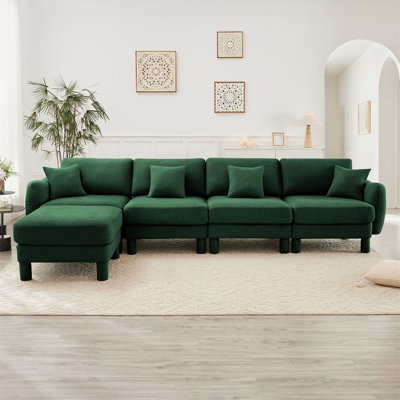Boucle Fabric Convertible L Shape Sectional 4-Seater Sofa Couch With Distinctive Shell-Shaped Armrests And Removable Ottoman,Cylindrical Legs Wrapped With Self-Fabric Color