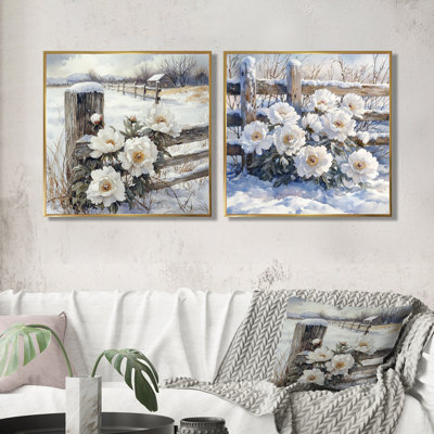 Pivoines par la clôture de la ferme enneigée I - décorations murales pivoines - art mural traditionnel 2 pièces