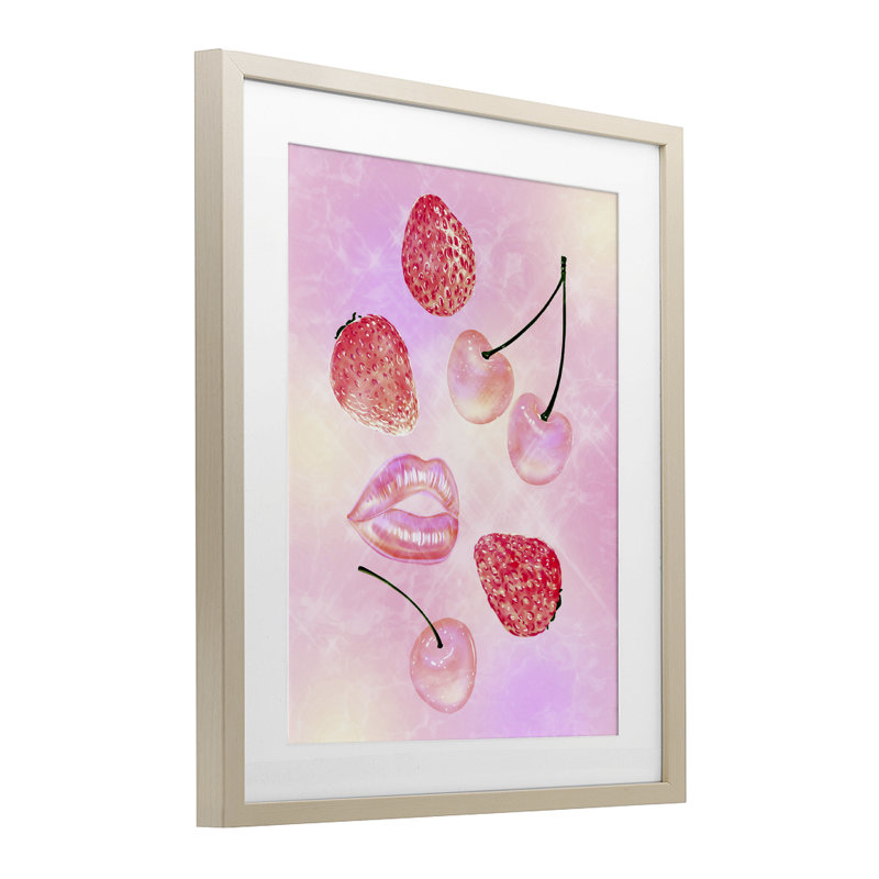 «Pink Fruits and Kisses», reproduction sous verre encadrée, design par Ziwei Li, H 16 po x l 13 po, Cadre de récolte en pin