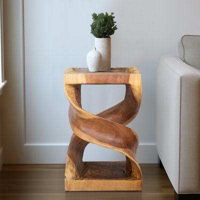 Haddou Hand-Carved Suar Wood Twist Accent Table - 18" Brown Side Table for Living Room, Bedroom, or Office