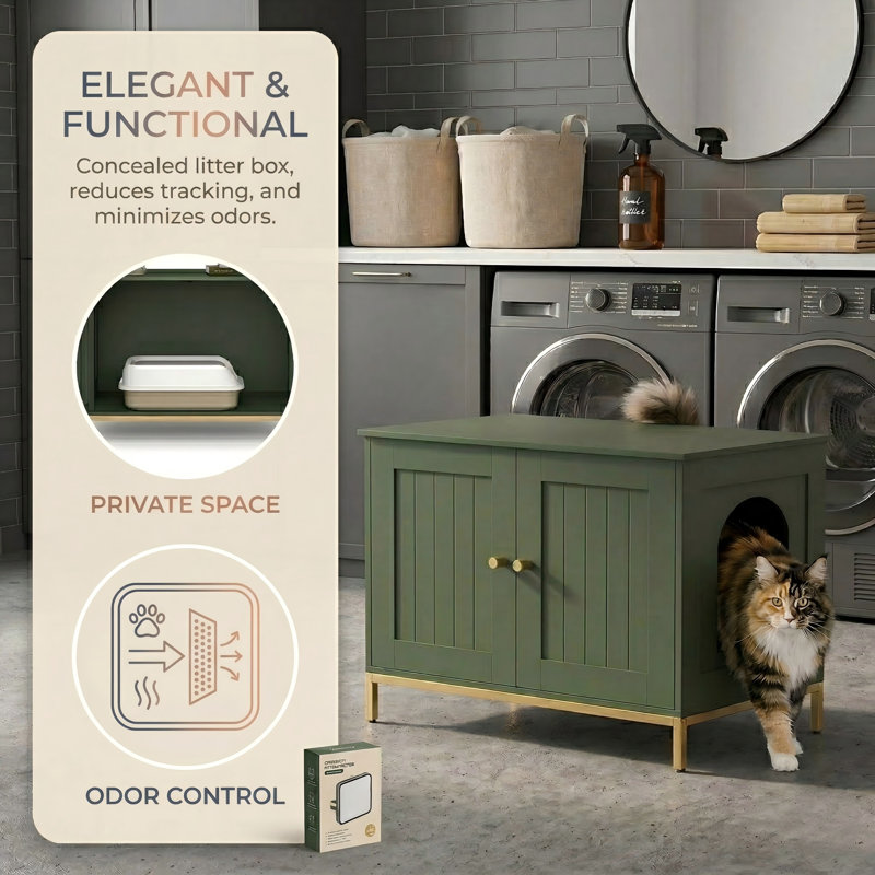 Armoire à litière pour chat avec structure en métal, mobilier de salle de bain moderne pour chats, s'adapte à la plupart des bacs à litière, finition verte et dorée