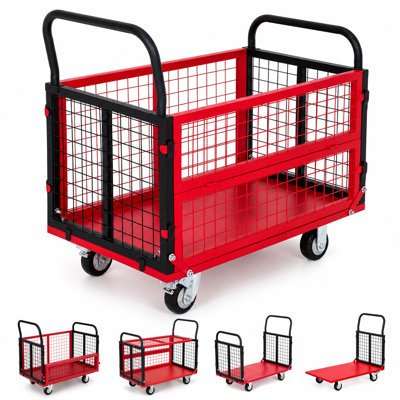 Heavy Duty Platform Truck Cart with Detachable Cage, Multi-Functional Folding Hand Moving Cart, 2000 LBS Capacity Wheeled Utility Cart for Warehouse, Home & Industrial Use