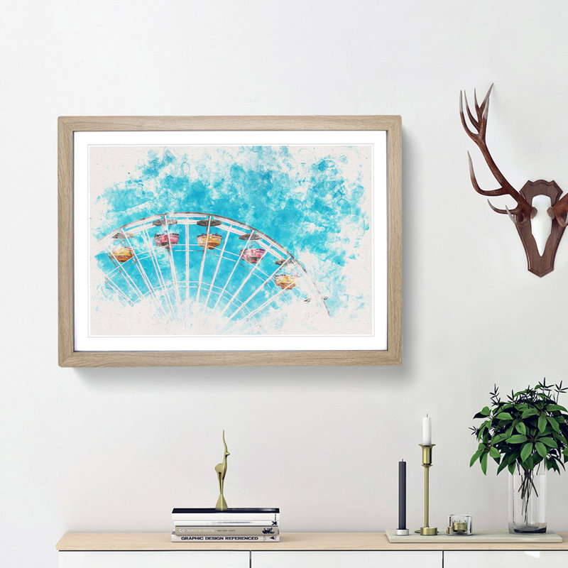 Santa Monica Pier Ferris Wheel - Picture Frame Painting Print, Oak Framed Framed, 62cm H x 87cm W x 2cm D