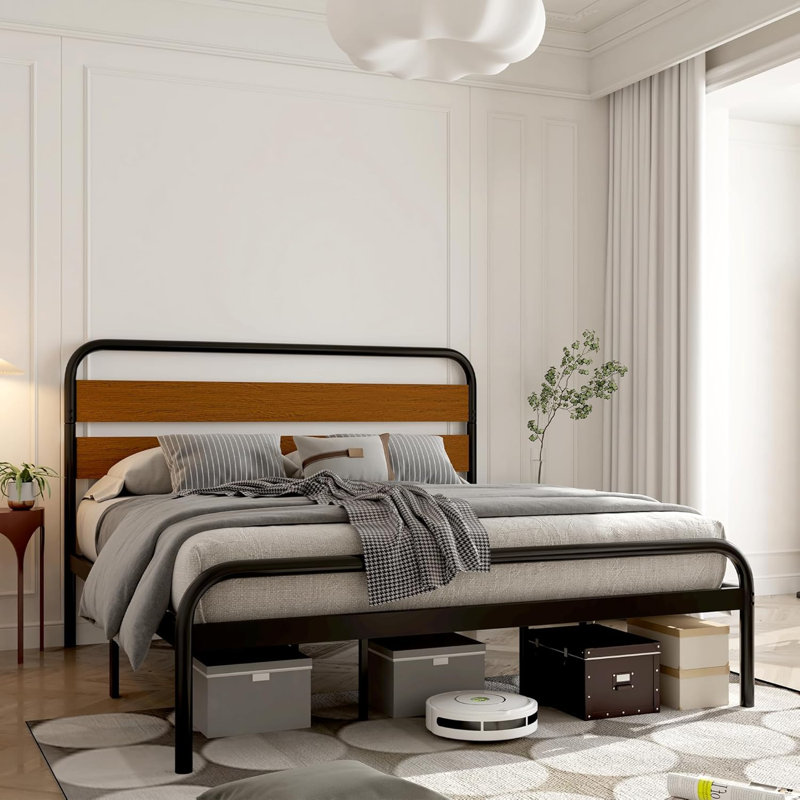 Structure de très grand lit avec tête de lit en bois, structure de lit moderne de style Mid-Century, structure de lit plateforme en métal / aucun sommier nécessaire / silencieux